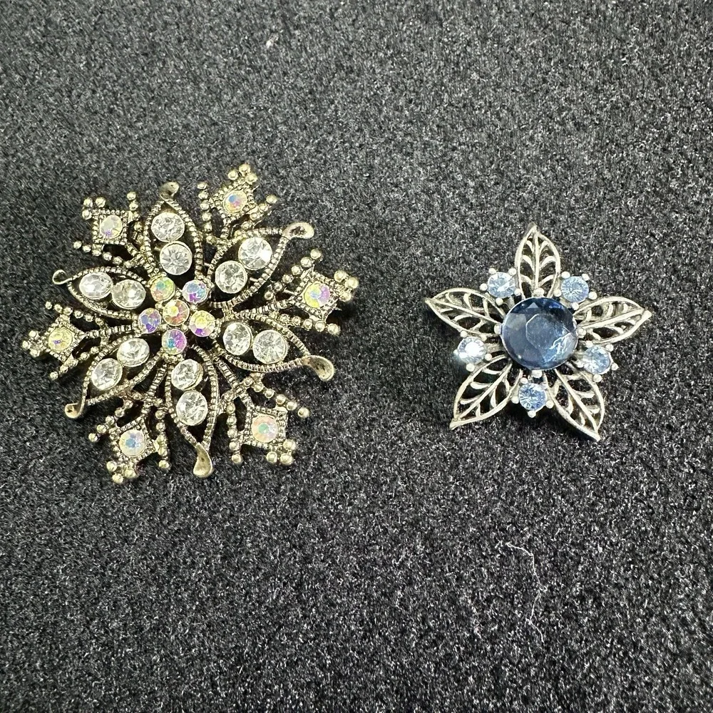 2 Vintage Rhinestone Brooches AB Snowflake Ice Blue Starburst Flower Pins